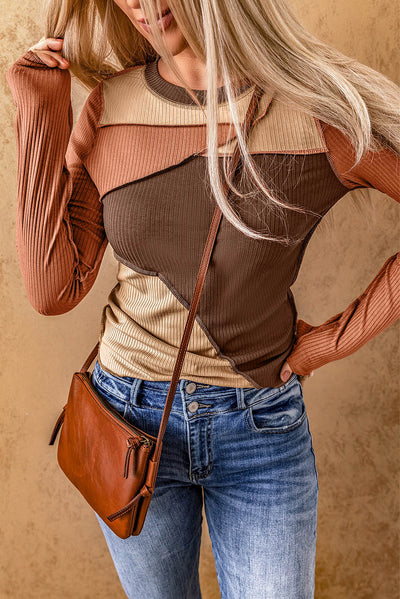 Brown Expose Seam Color Block Ribbed Knit Top-Tops-MomFashion