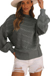 Gray Mock Neck Lantern Sleeve Cable Knit Sweater-Tops-MomFashion