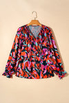 Red Dahlia Abstract Floral Shirred Detail Puff Sleeve Blouse-Tops-MomFashion