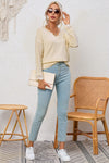 Apricot Ribbed Texture Lace Trim V Neck Long Sleeve Top-Tops-MomFashion