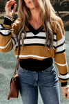 Brown Stripe Contrast Stripes V Neck Textured Knit Sweater-Tops-MomFashion