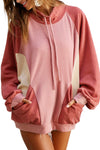 Pink Drawstring Pullover Pocketed Colorblock Sweatshirt-Tops-MomFashion