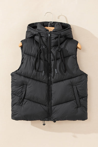 Black Sleek Quilted Puffer Hooded Vest Coat-Outerwear-MomFashion