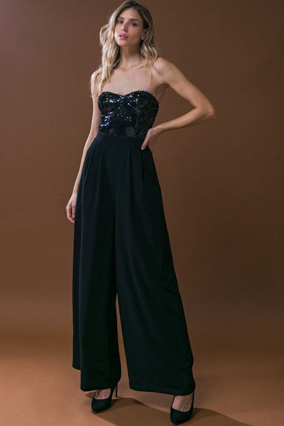 Black Sequin Tube Top Wide Leg Jumpsuit-Bottoms-MomFashion