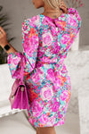 Purple Floral Keyhole Back Long Sleeve Belted Dress-Dresses-MomFashion