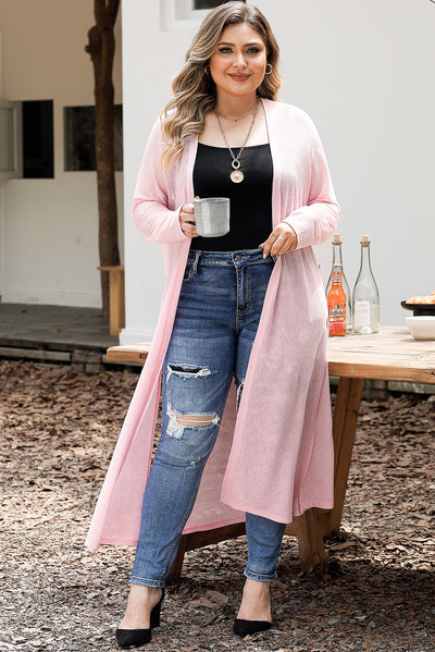 Pink Sheer Knitted Long Side Slit Plus Size Cardigan-Plus Size-MomFashion