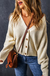 Beige Plain Knitted Buttoned V Neck Cardigan-Tops-MomFashion