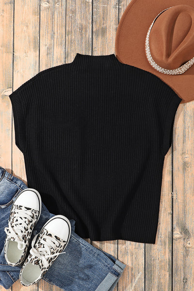 Black Patch Pocket Ribbed Knit Short Sleeve Sweater-Tops-MomFashion