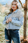 Blue Plus Size Leopard Ripped Cropped Denim Jacket-Plus Size-MomFashion