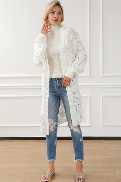 White Rhombus Hollowed Knit Open Front Cardigan-Tops-MomFashion