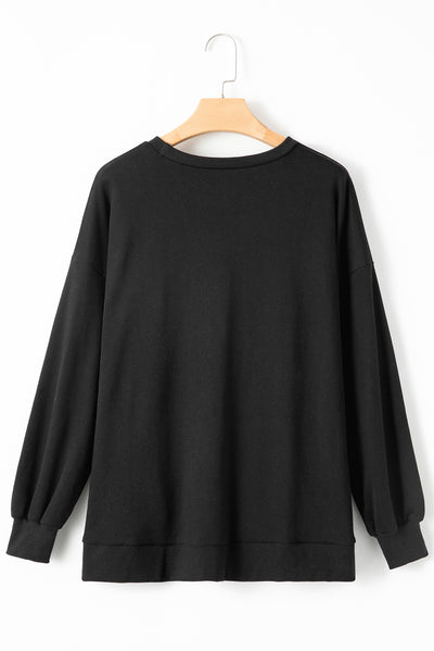 Black Solid O Neck High Low Hem Pullover Sweatshirt-Tops/Sweatshirts & Hoodies-MomFashion