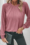 Rose Pink Contrast Lace Raglan Sleeve Plicate Round Neck Top-Tops-MomFashion