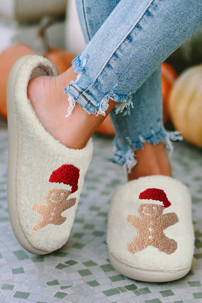 White Christmas Gingerbread Man Plush Home Slippers-Shoes & Bags-MomFashion