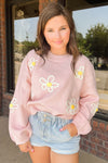 Pink Chenille Daisy Stitching Crew Neck Sweater-Tops-MomFashion