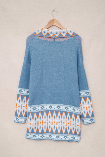 Blue Aztec Print Open Front Knitted Cardigan-Tops-MomFashion