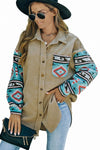 Khaki Aztec Pattern Sleeve Pocketed Corduroy Shacket-Outerwear-MomFashion