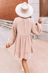 Oatmeal Crinkle Distressed Puff Sleeve Flared Dress-Dresses-MomFashion