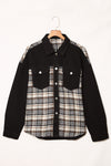 Black Plaid Patchwork Raw Hem Denim Jacket-Outerwear-MomFashion