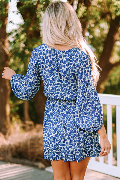 Blue Sky Blue/Blue/Apricot V Neck Lantern Sleeves Floral Tunic Dress-Dresses-MomFashion