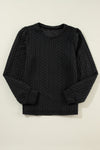 Black Cable Textured Puff Sleeve Sweatshirt-Tops-MomFashion