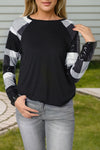 Black Sequin Plaid Patchwork Raglan Sleeve Top-Tops-MomFashion