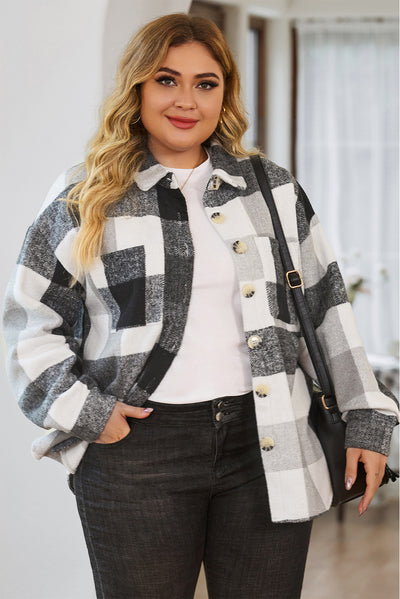 Gray Plus Size Checkered Button-Up Shacket-Plus Size-MomFashion