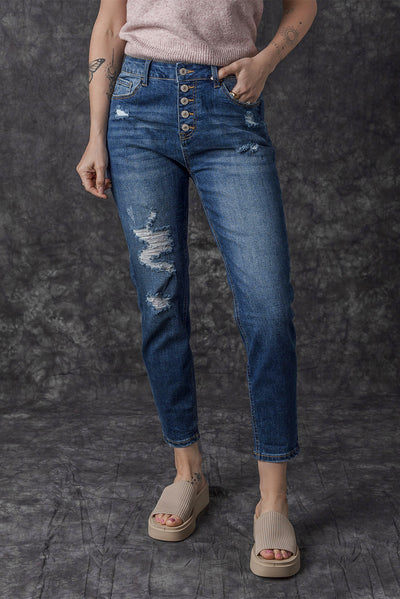 Blue Distressed Button Fly High Waist Skinny Jeans-Bottoms-MomFashion