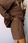 Brown Textured Long Sleeve Top and Drawstring Shorts Set-Loungewear-MomFashion