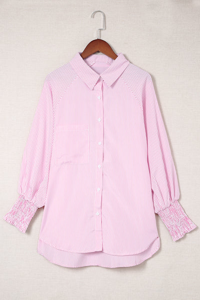 Pink Smocked Cuffed Striped Boyfriend Shirt with Pocket-Tops-MomFashion