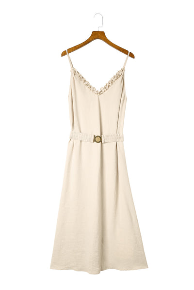 Apricot V Neck Sleeveless Maxi Dress with Elastic Belt-Dresses-MomFashion