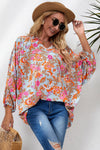 Sky Blue Floral Print Loose Fit Ruched V Neck Blouse-Tops-MomFashion