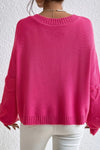 Rose Red Pearl Embellished Fuzzy Hearts V Neck Sweater-Tops-MomFashion