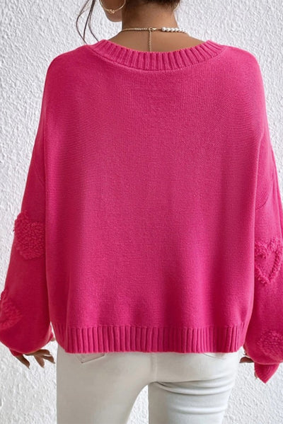 Rose Red Pearl Embellished Fuzzy Hearts V Neck Sweater-Tops-MomFashion