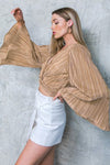 Camel Pleated Bell Sleeve Twist V Neck Cropped Blouse-Tops-MomFashion