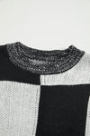 Black Checkered Print Drop Shoulder Sweater-Tops-MomFashion