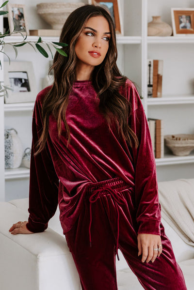 Fiery Red Solid Velvet Two Piece Lounge Set-Loungewear-MomFashion