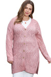 Pink Open Knit Button-Up Plus Size Cardigan-Plus Size-MomFashion