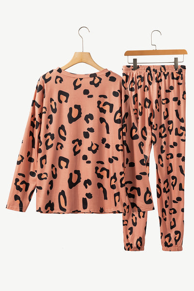 Pale Chestnut Leopard Long Sleeve Top and Drawstring Pants Set-Loungewear-MomFashion