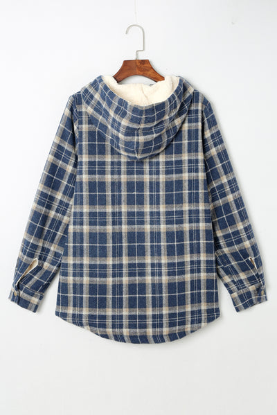 Blue Plaid Pattern Sherpa Lined Hooded Shacket-Outerwear-MomFashion