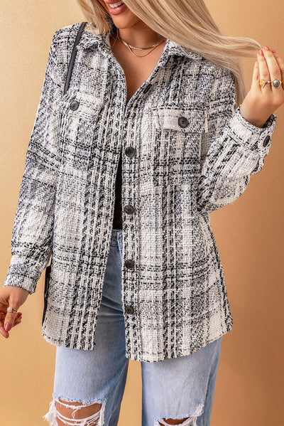 White Plaid Print Pocketed Shirt Jacket-Outerwear-MomFashion