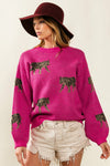 Rose Red Fierce Animal Pattern Casual Knitted Sweater-Tops-MomFashion