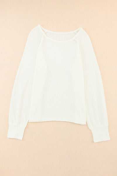 White Long Sleeve Cutout Shoulder Relaxed Sweater-Tops-MomFashion