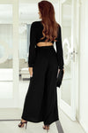 Black Cutout Back Belted V Neck Wide Leg Jumpsuit-Bottoms-MomFashion