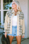 Khaki Distressed Raw Edge Plaid Patchwork Denim Jacket-Outerwear-MomFashion