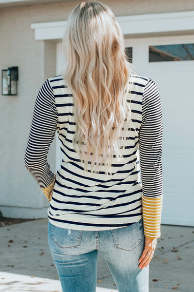 Long Sleeve Stripe Button Henley Top-Tops-MomFashion