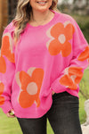 Bonbon Plus Size Flower Pattern Drop Shoulder Sweater-Plus Size-MomFashion