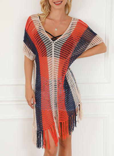 Multicolor Striped Tassel Crochet V Neck Beach Cover Up-Swimwear-MomFashion