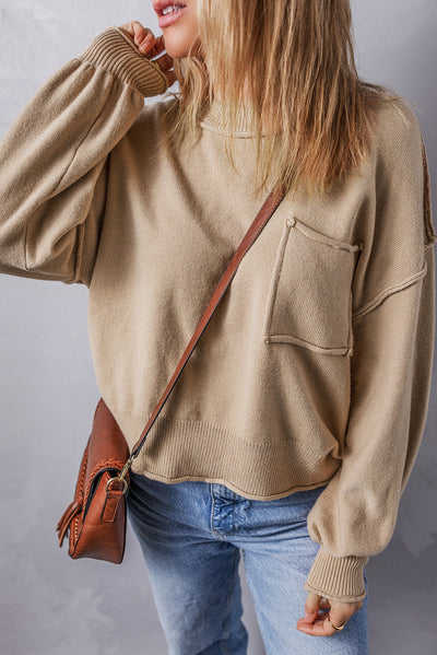 Apricot Raw Edge Patch Pocket Exposed Seam Loose Sweater-Tops-MomFashion