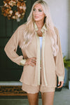 Apricot Pleated Long Sleeve Shirt and Shorts Lounge Set-Loungewear-MomFashion