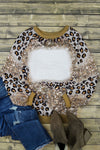 Leopard Print Bleached Long Sleeve Top-Tops-MomFashion